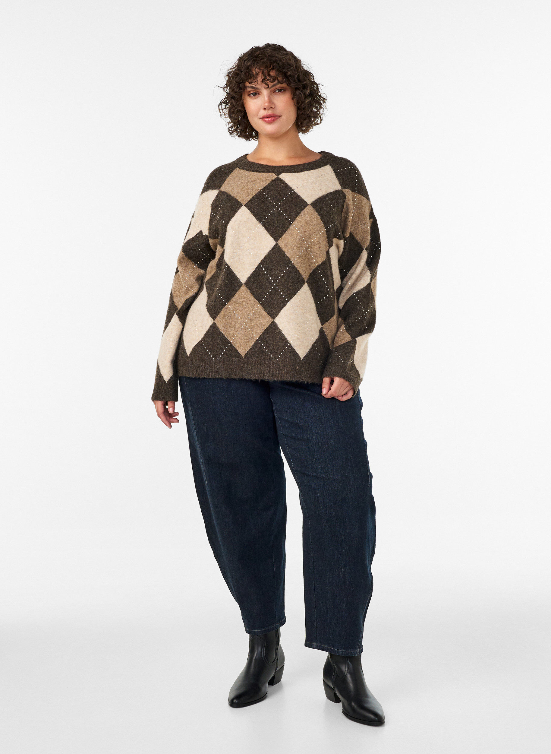 ZizziStricktop mit Argyle-Muster und Strasssteinen, Braun, Model image number 1