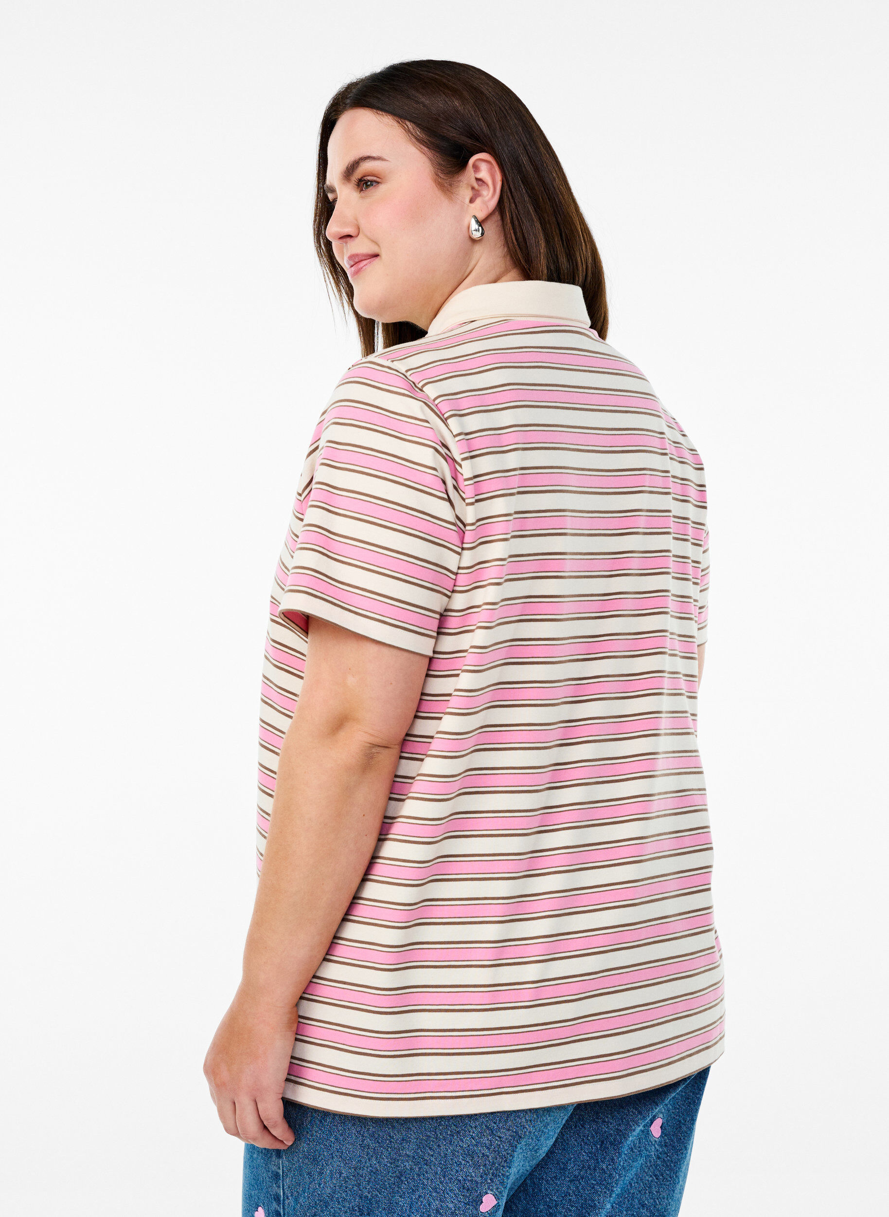 Zizzi Poloshirt mit Streifen und kurzen &Auml;rmeln, Pink, Model image number 2