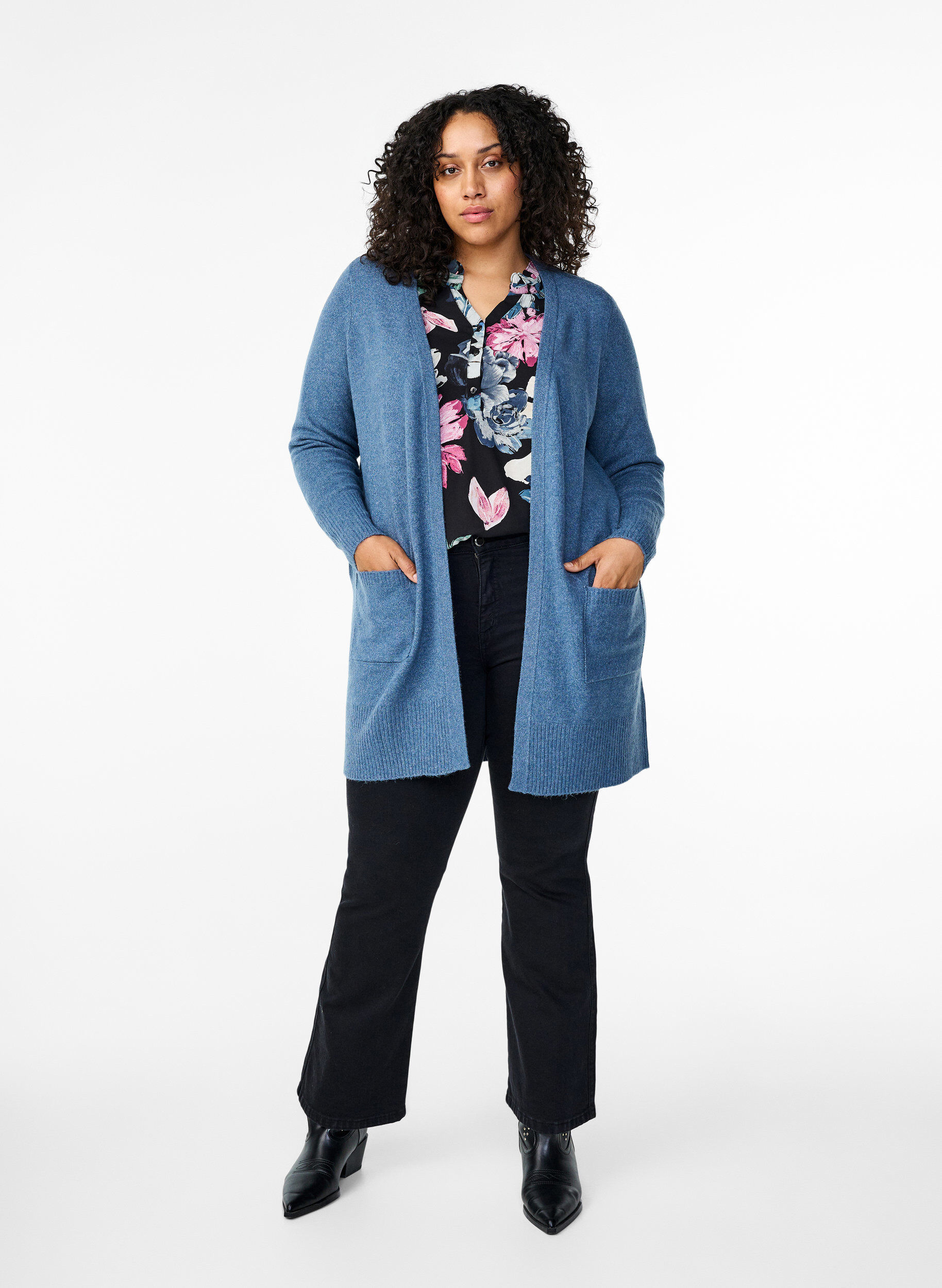 ZizziStrickjacke mit Rippenstrick und Taschen, Blau, Model image number 1