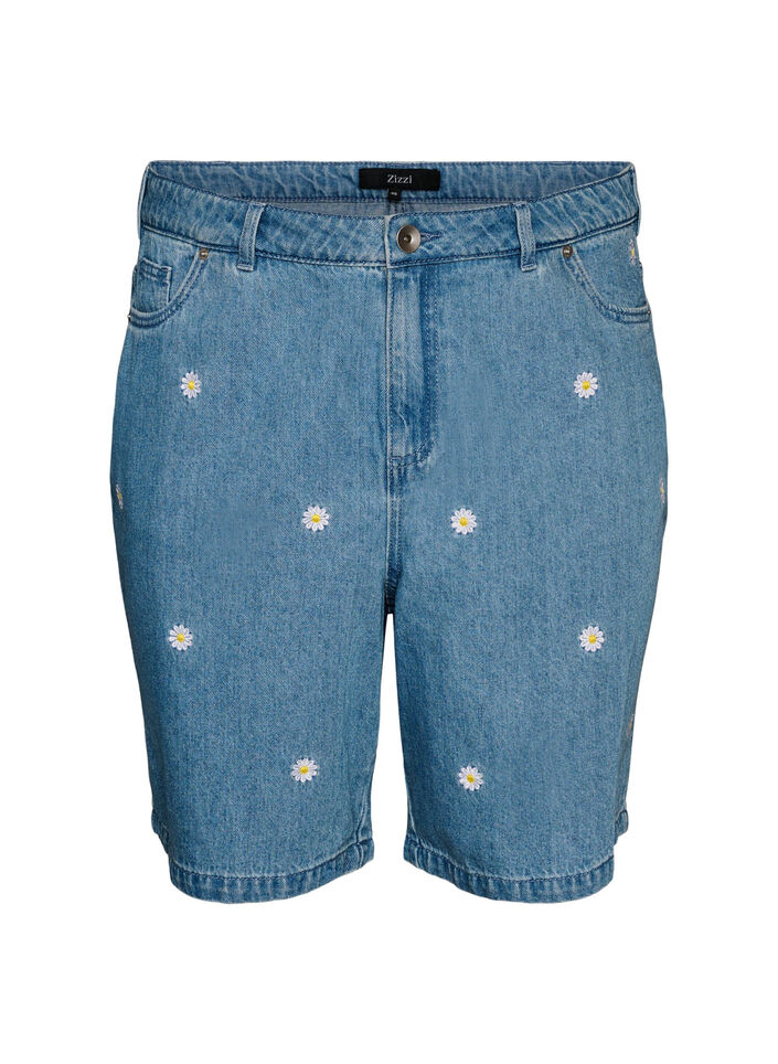 Hoch taillierte Jeansshorts mit gebl&uuml;mter Stickerei, Blau, Packshot image number 0