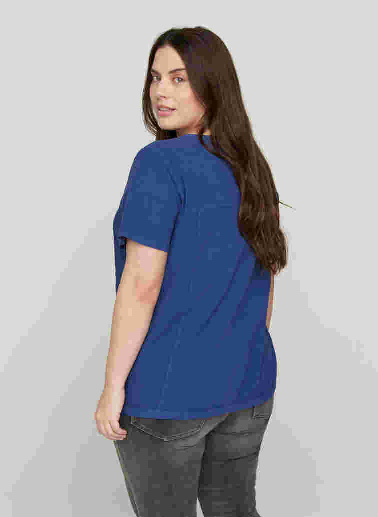 Kurzarm Bluse aus Baumwolle mit V-Ausschnitt, Twilight Blue, Model image number 1