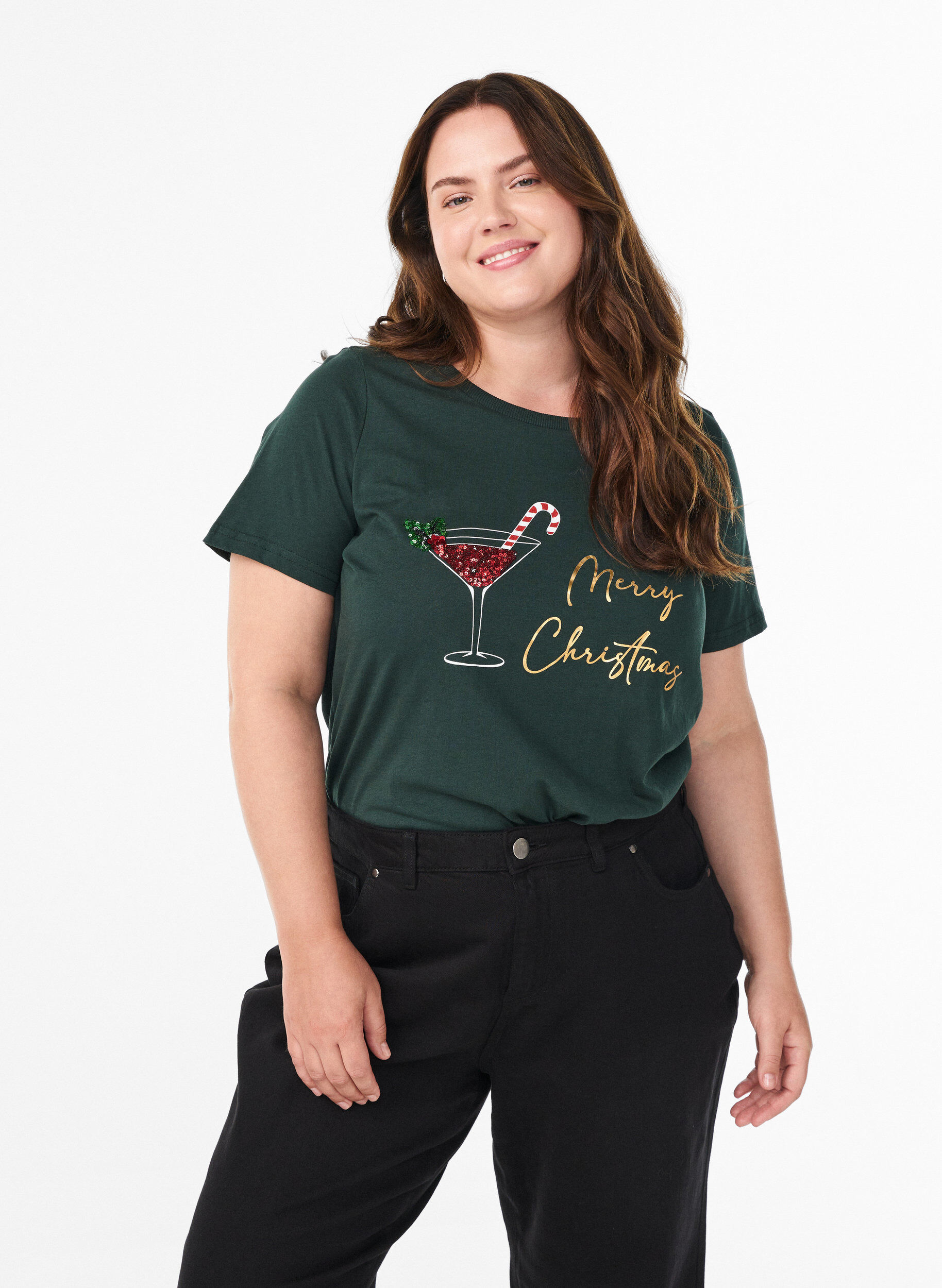 ZizziWeihnachts-T-Shirt aus Bio-Baumwolle, Gr&uuml;n, Model image number 0