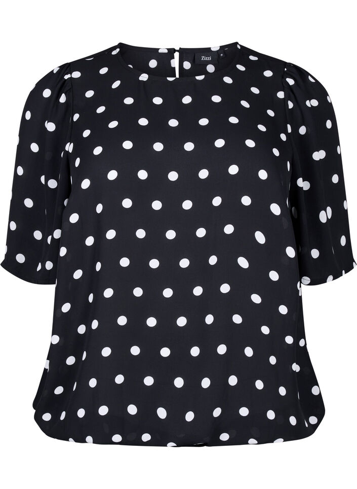 Gepunktete Bluse mit kurzen Ärmeln, Black W. White Dot, Packshot image number 0