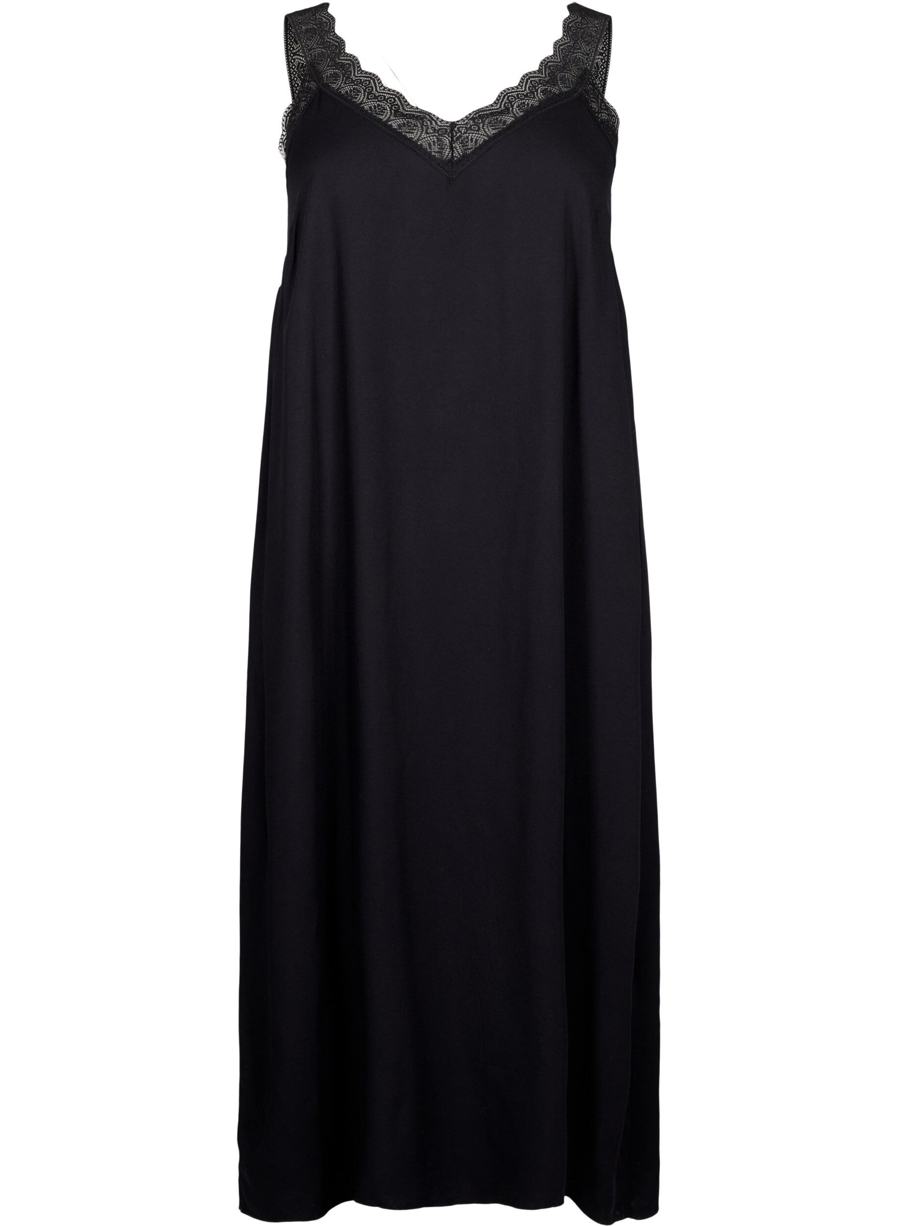 Zizzi Midi-Tr&auml;gerkleid aus Viskose mit Spitze, Black, Packshot image number 0