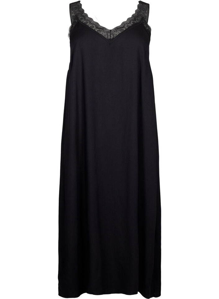 Midi-Trägerkleid aus Viskose mit Spitze, Black, Packshot image number 0