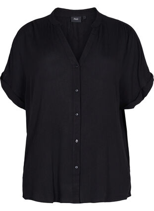 Kurzärmeliges Viskose-Shirt mit V-Ausschnitt, Black, Packshot image number 0