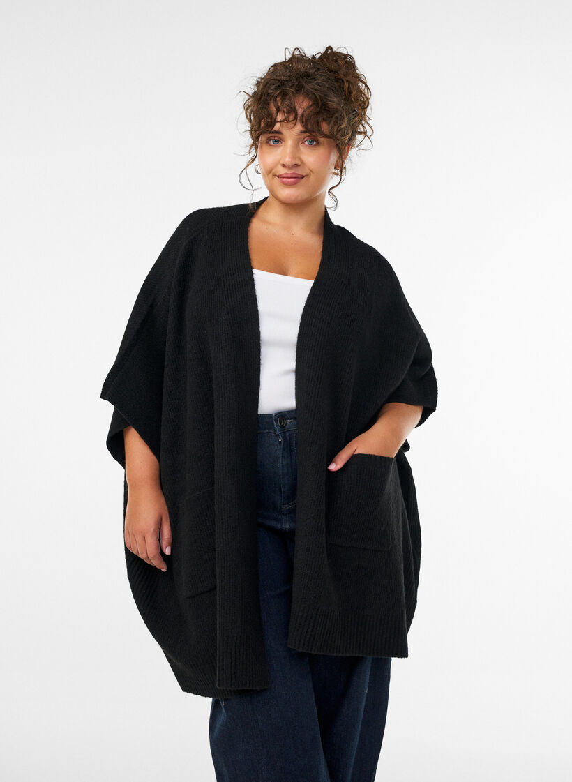 Strickjacke mit offener Front und weiten &Auml;rmeln, Schwarz, Model image number 0