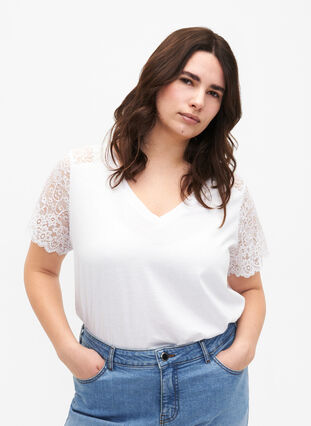 T-Shirt aus Baumwolle mit kurze Spitzenärmeln, Bright White, Model image number 0