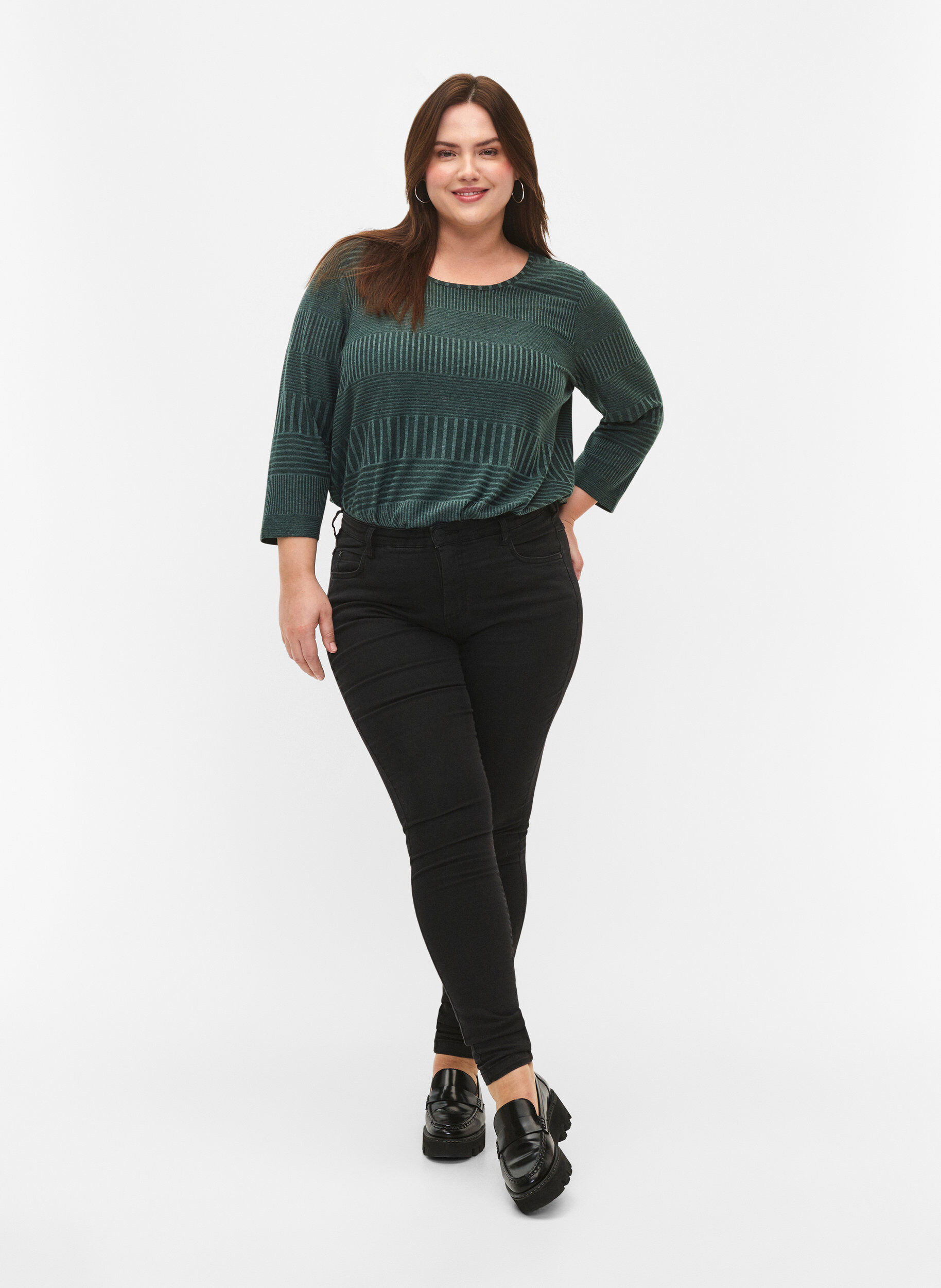 Zizzi Bluse mit 3/4-&Auml;rmeln und Streifenmuster., Scarab Melange, Model image number 2