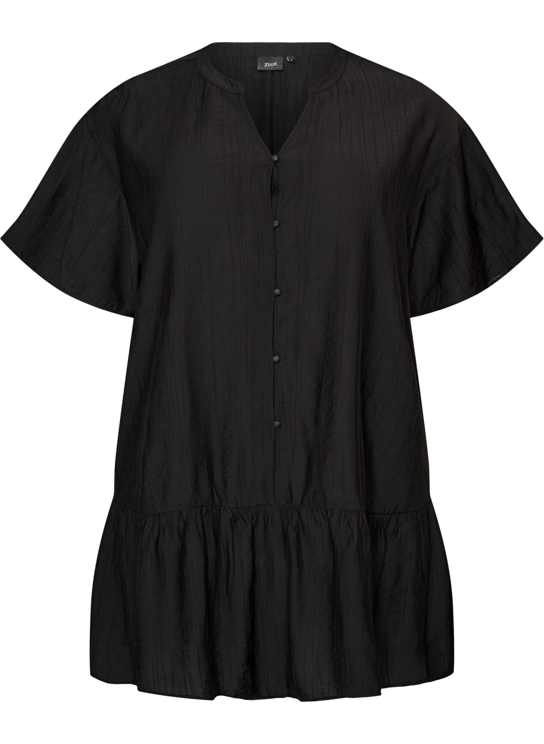 ZizziLockere Tunika mit gekr&auml;uselter Struktur und R&uuml;schensaum, Schwarz, Packshot image number 0