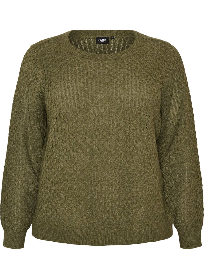 Strickbluse mit strukturiertem Lochmuster, Gr&uuml;n, Packshot image number 0
