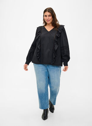 Bluse mit Ruffles und Lace Trim, Black, Model image number 2
