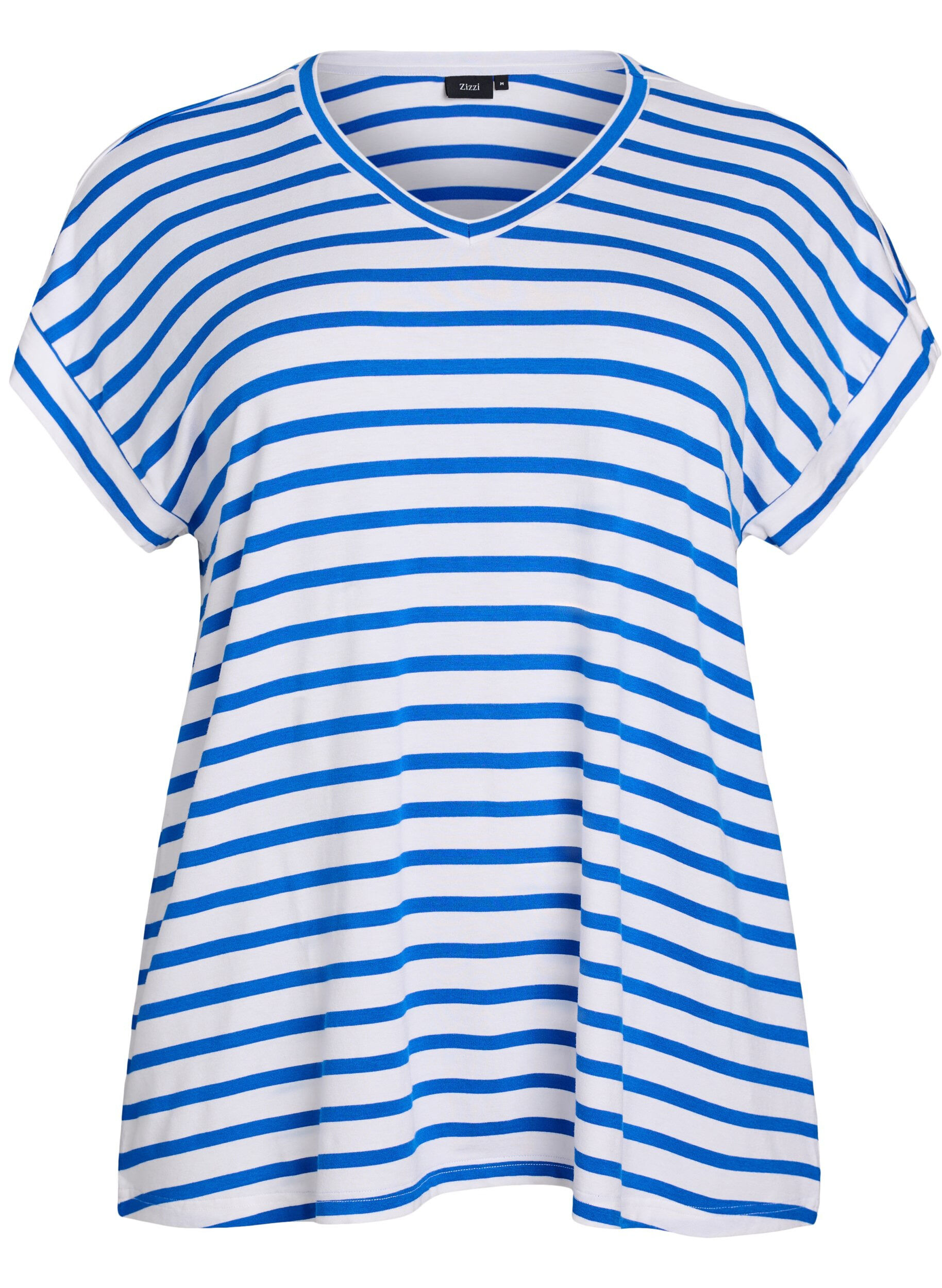 Zizzi Gestreiftes T-Shirt mit V-Ausschnitt, Blau, Packshot image number 0