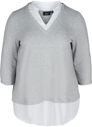 Melierte Bluse mit 3/4-Ärmeln und Hemddetails, Light Grey Melange, Packshot image number 0