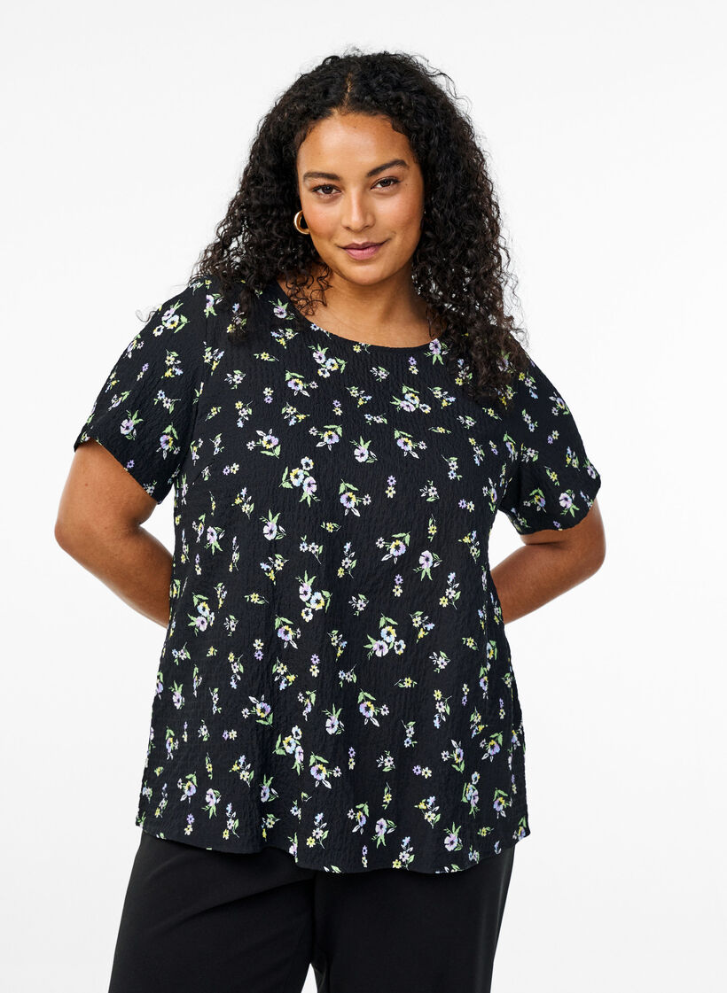 Bluse mit Struktur und kurzen &Auml;rmeln, Schwarz, Model image number 0