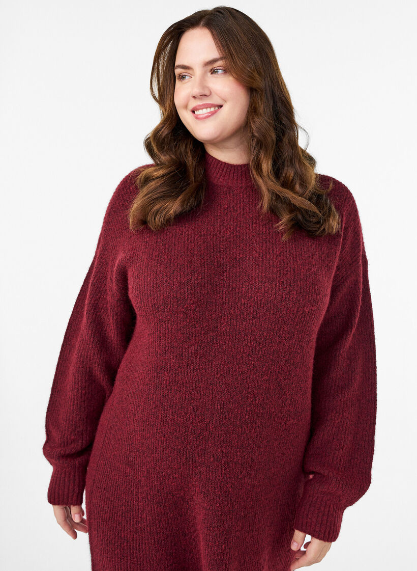 Langes Strickkleid mit hohem Kragen, Rot, Model image number 2