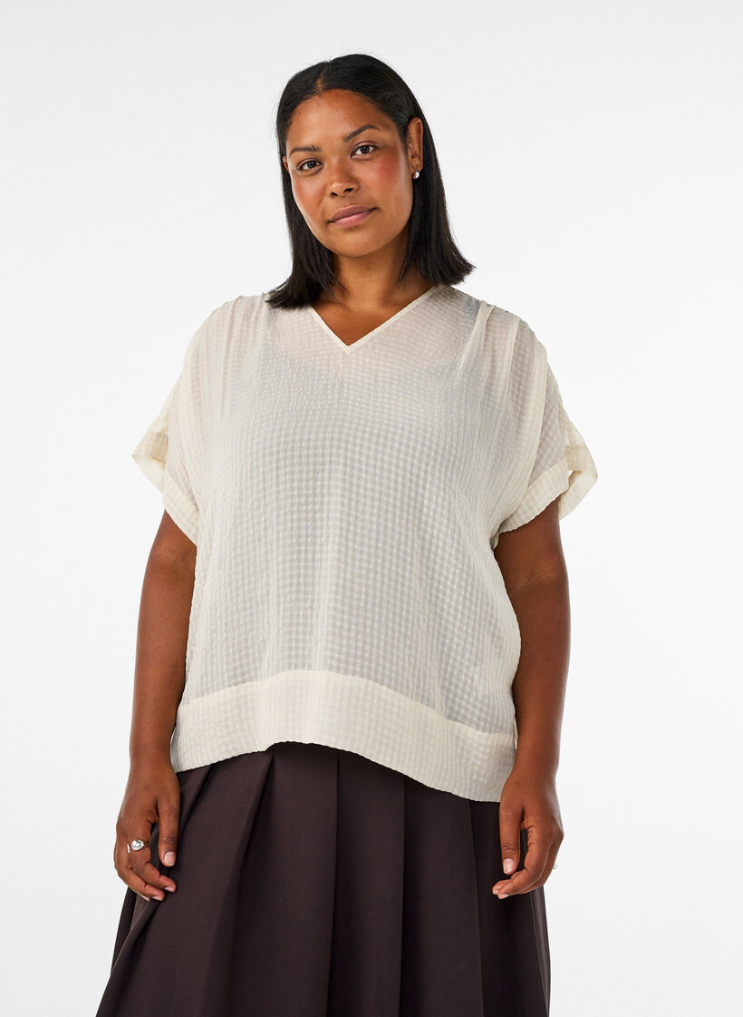Bluse aus Seersucker mit V-Ausschnitt, Beige, Model image number 0