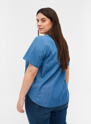 Kurzarm Denim Bluse aus Baumwolle, Medium Blue Denim, Model image number 1