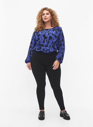 Langärmelige Bluse mit Rüschen, Black Blue AOP, Model image number 2