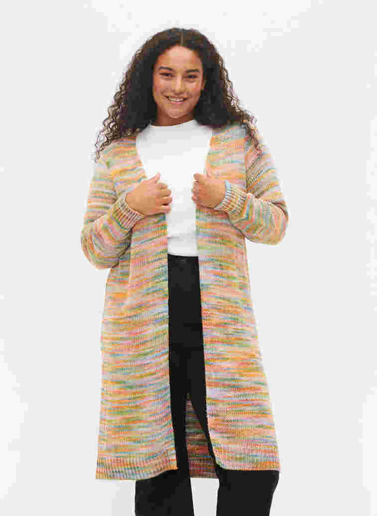 Langer gemusterter Strickcardigan aus Baumwollmischung, Multi Color, Model image number 0