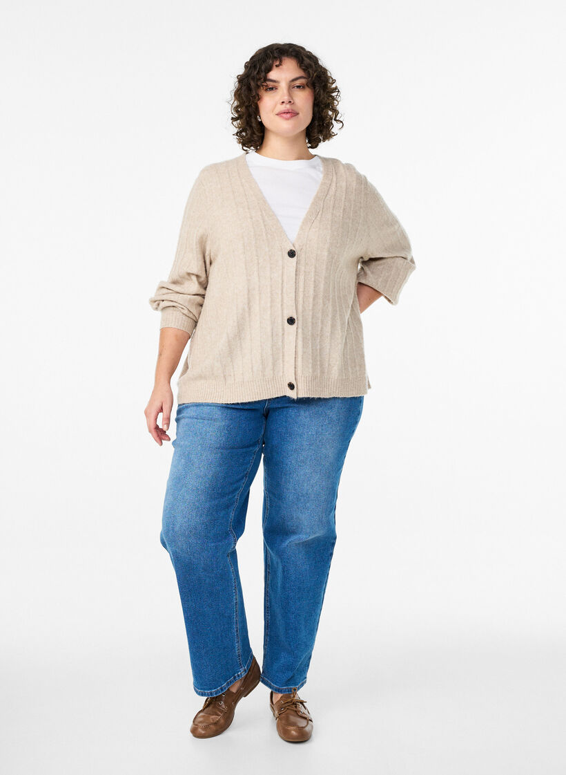 Strickjacke mit Rippstruktur und Ballonärmeln, Beige, Model image number 1