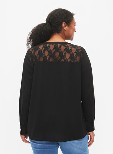 Langärmelige Bluse mit Spitzendetail , Black, Model image number 1