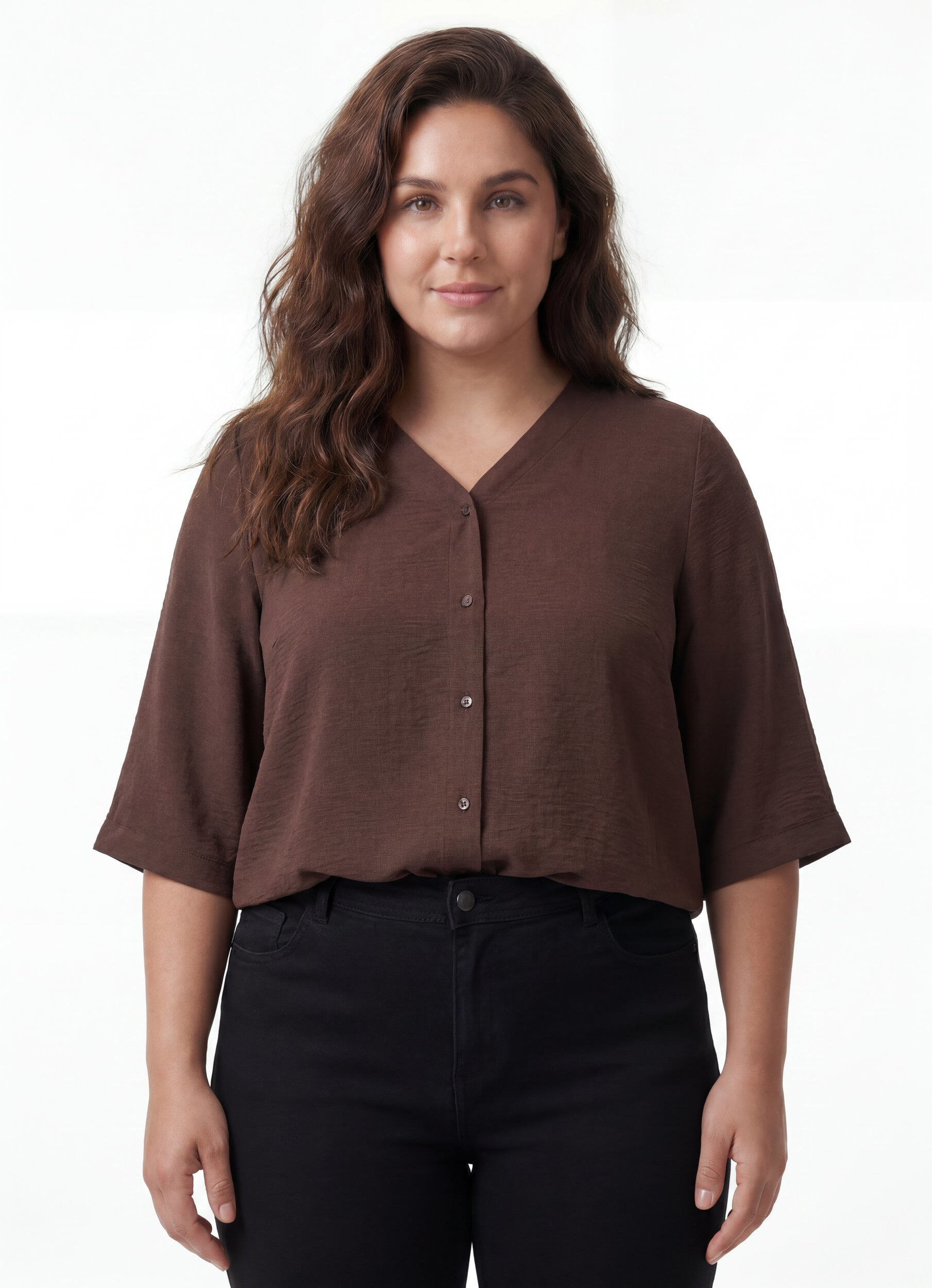 Bluse mit V-Ausschnitt und 3/4-&Auml;rmeln, Braun, Model