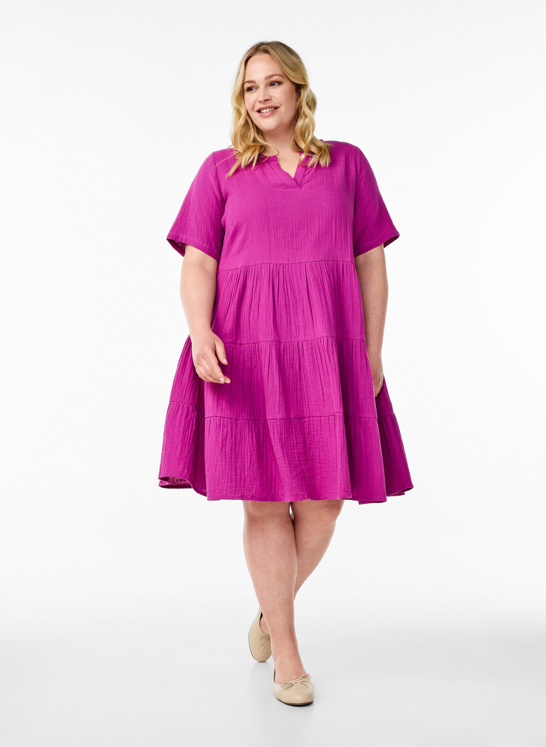 Zizzi Knielanges Kleid aus Baumwollmusselin mit A-Linien-Schnitt, Lila, Model image number 1