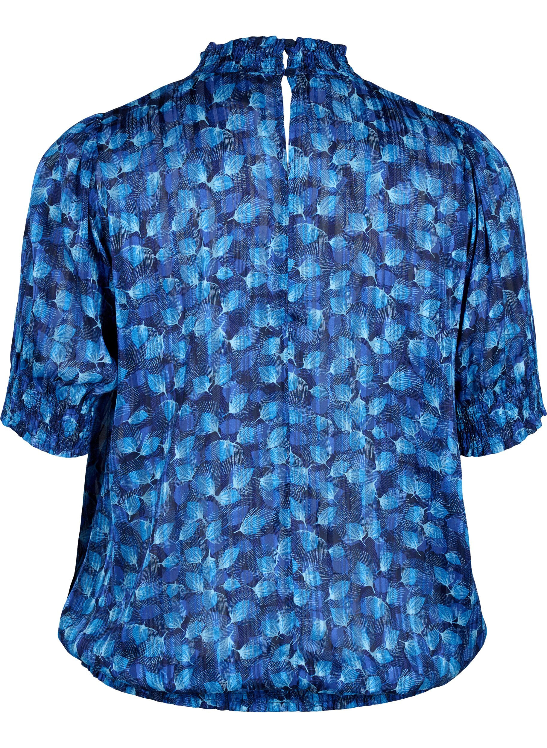 Zizzi Kurz&auml;rmelige gesmokte Bluse mit Print, Navy Blazer Leaf AOP, Packshot image number 1