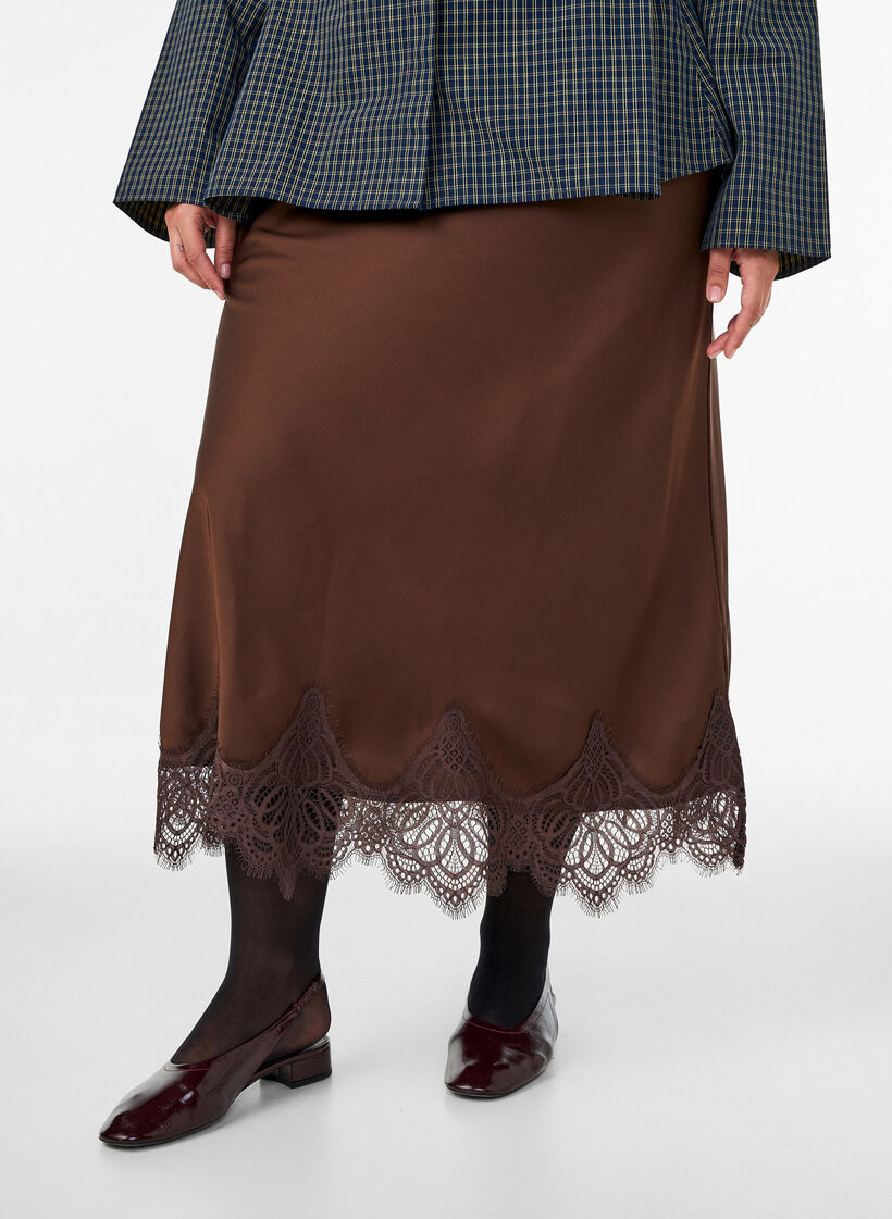 Midi-Rock aus Satin mit Spitzen, Braun, Model image number 2