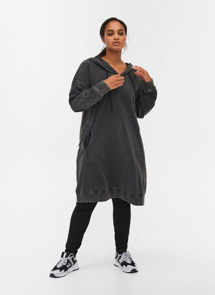 Lockeres Sweatkleid aus Baumwolle mit Kapuze und Taschen, DARK GREY WASHED, Model image number 2
