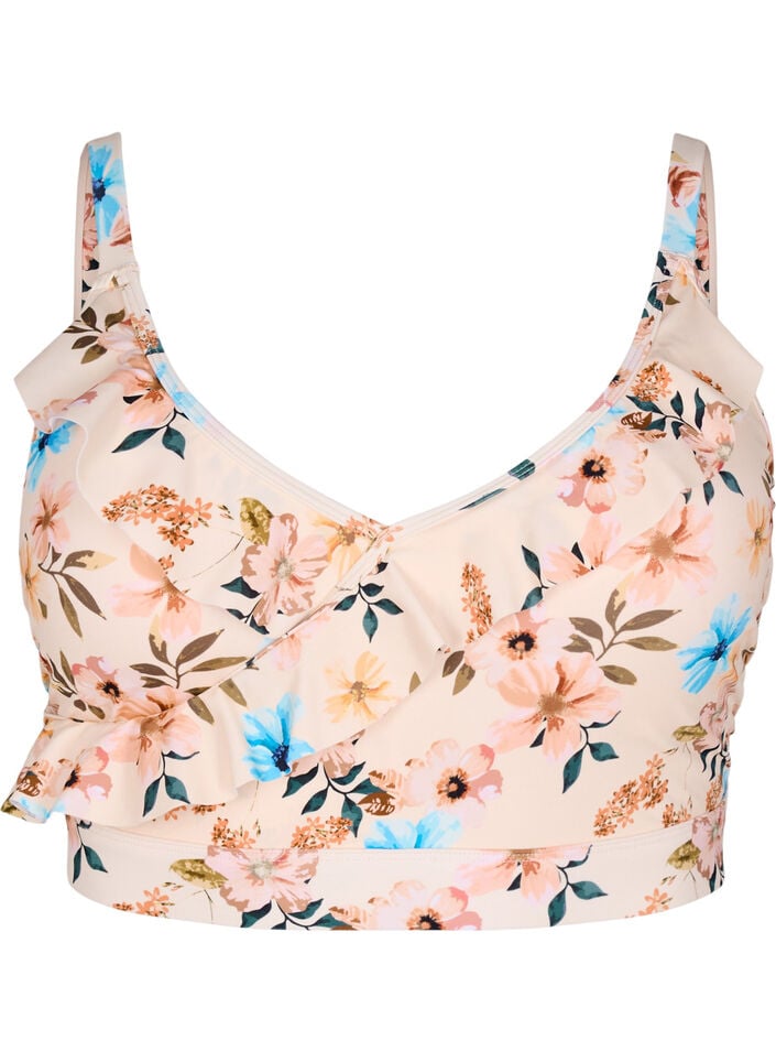 Gebl&uuml;mtes Bikinioberteil mit R&uuml;schendetails, Beige, Packshot image number 0