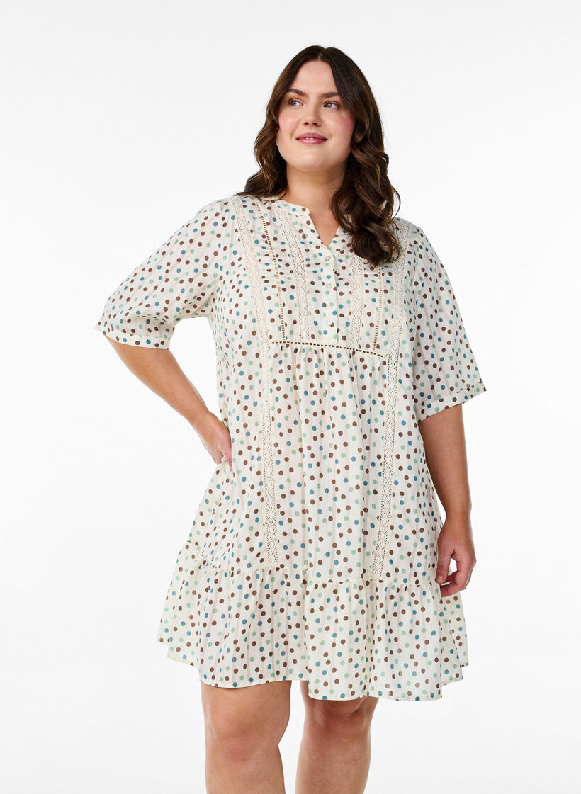 Kurzes Viskosekleid mit Spitzenbesatz und A-Linien-Schnitt, Weiß, Model image number 0