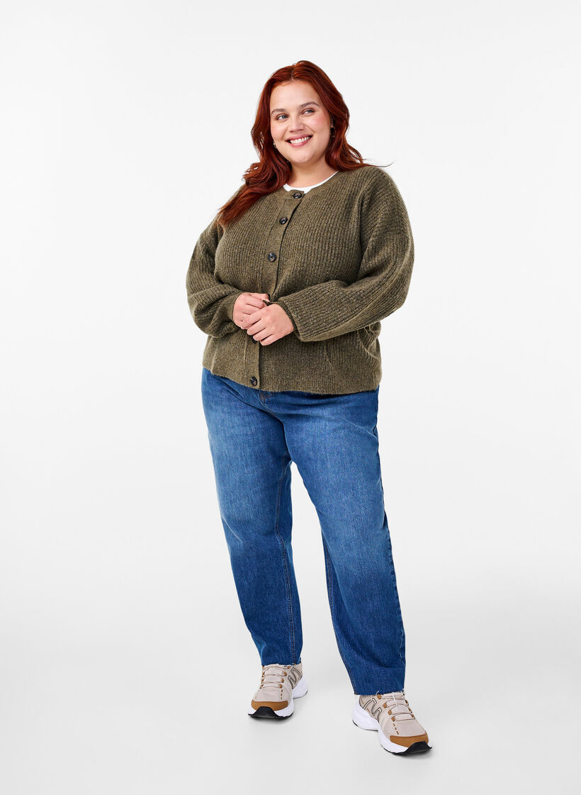 Rippenstrick Strickjacke mit Knöpfen, Grün, Model image number 1