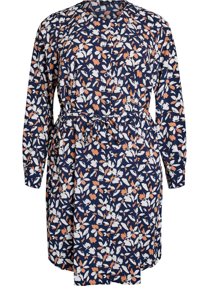 Langärmliges Hemdblusenkleid mit Bindegürtel, Blau, Packshot image number 0