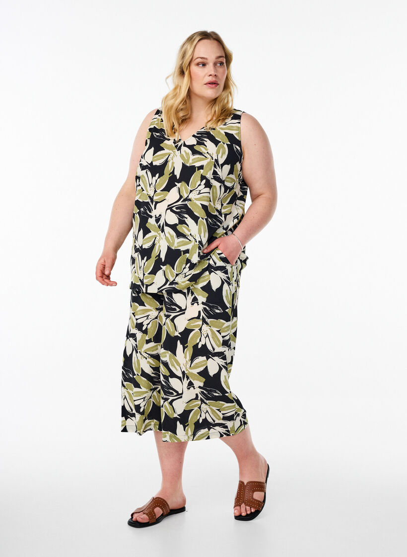 Bedrucktes Oberteil mit V-Ausschnitt, Schwarz, Model image number 1