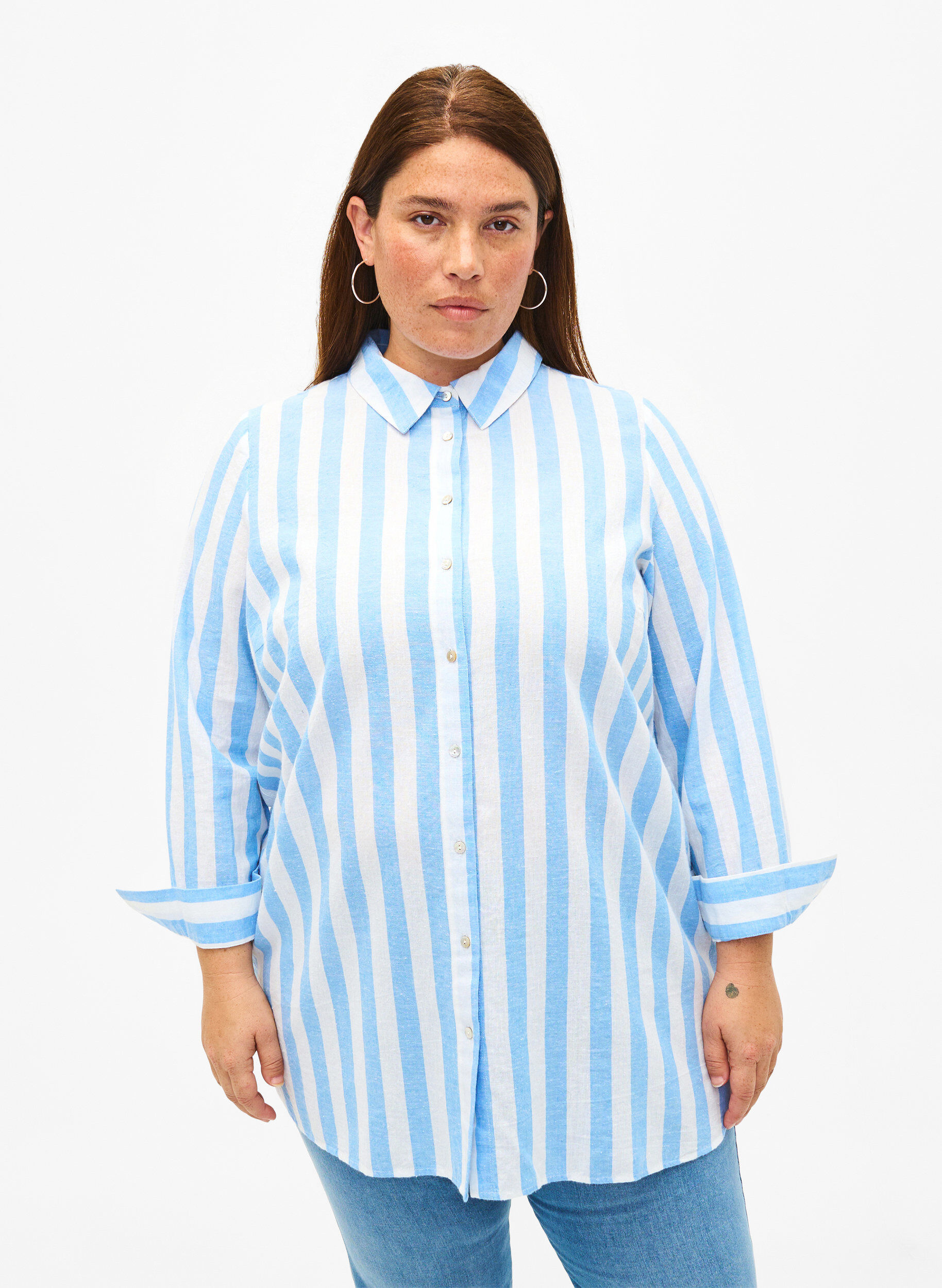 Zizzi Langes Hemd aus Leinen und Baumwolle, Blue White Stripe, Model image number 0