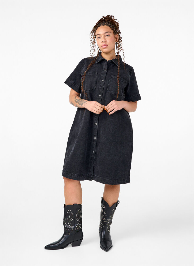 Langes Denim-Shirt mit kurzen Ärmeln, Grey Washed, Model image number 2