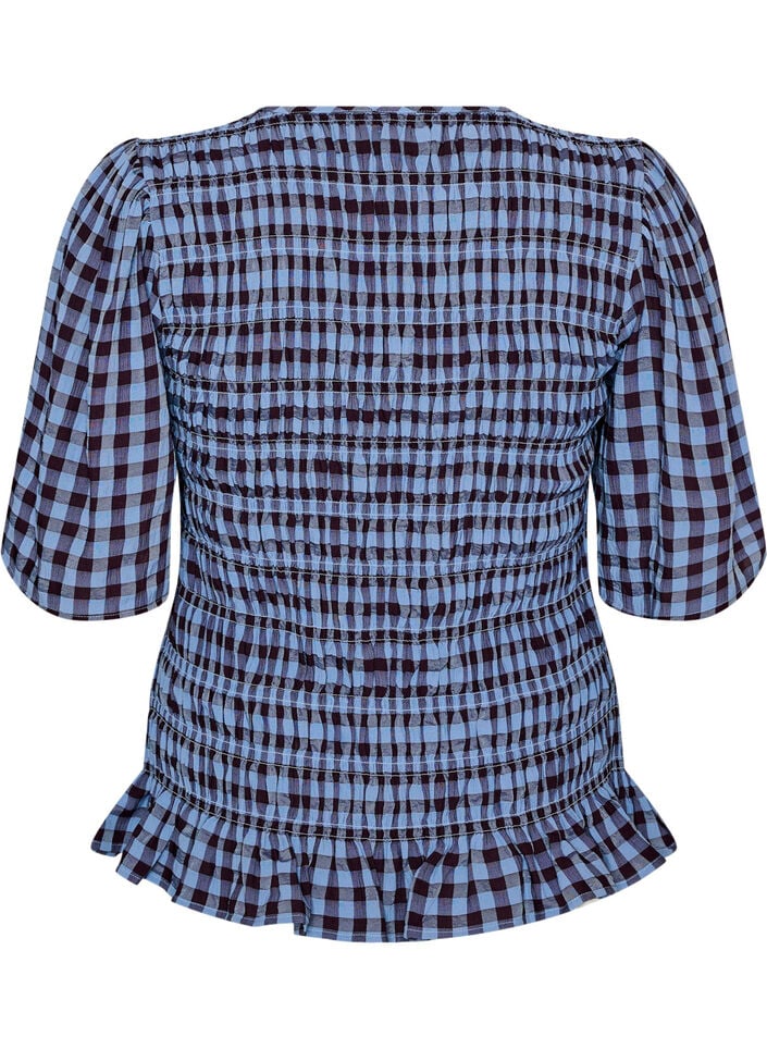 Smockbluse mit Vichy-Karo und R&uuml;schensaum, Blau, Packshot image number 1