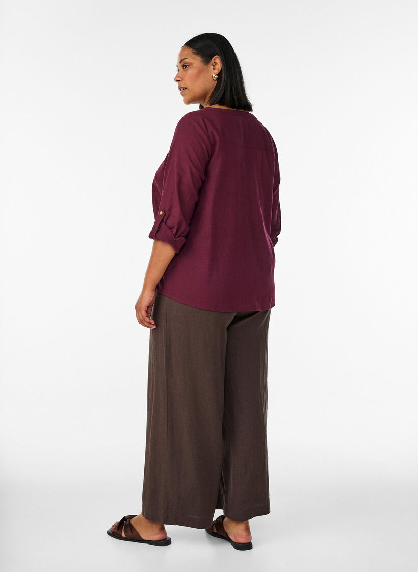 Hose aus Leinen und Viskose mit weitem Bein, Braun, Model image number 1
