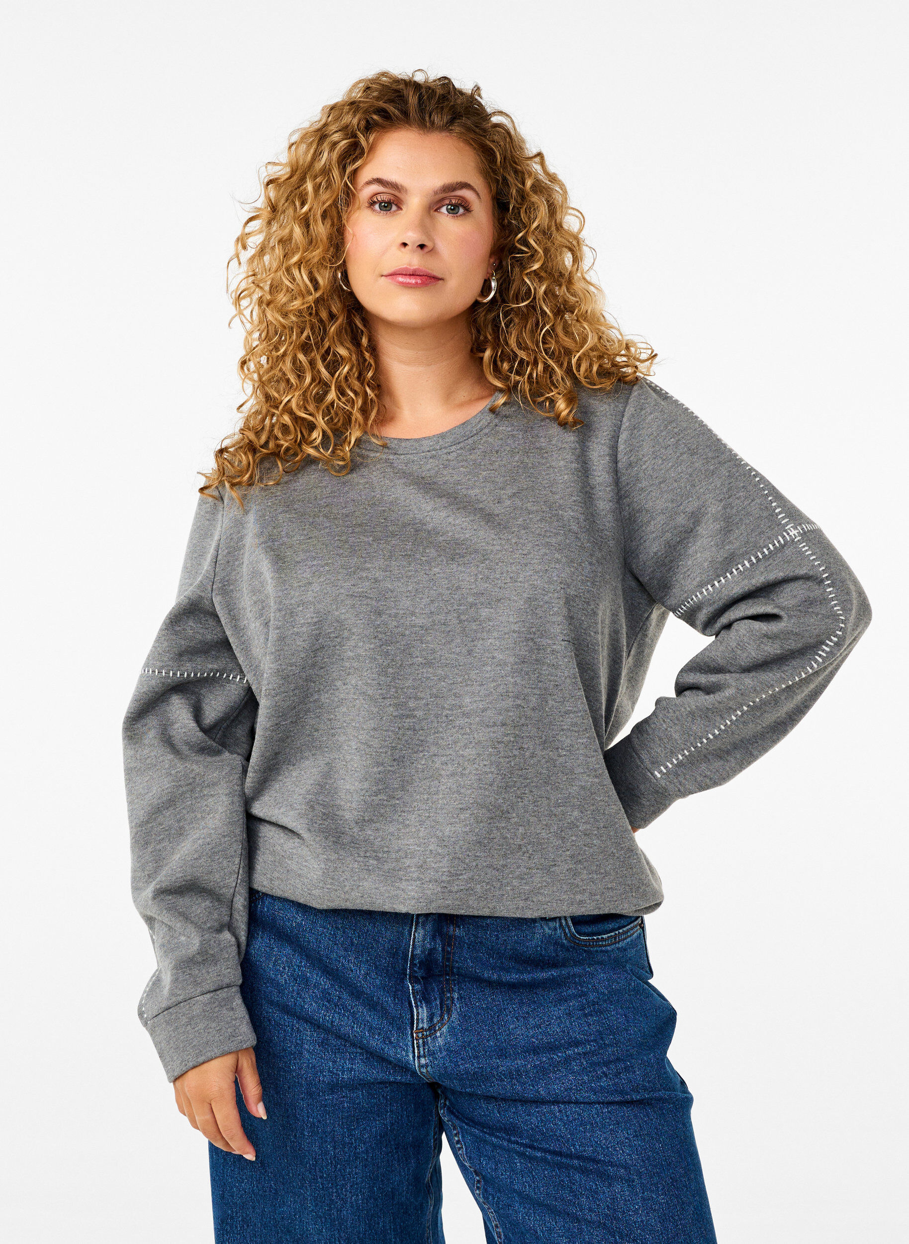Zizzi Sweatshirt mit Kontrastn&auml;hten, Medium Grey M&eacute;l, Model image number 0