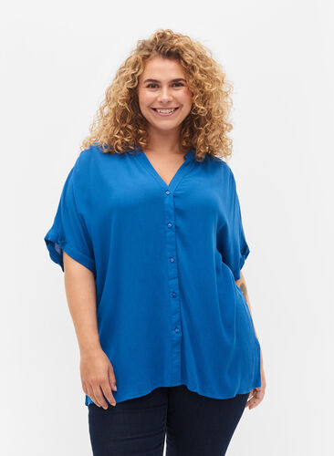 Kurzärmeliges Viskose-Shirt mit V-Ausschnitt, Classic Blue, Model image number 0