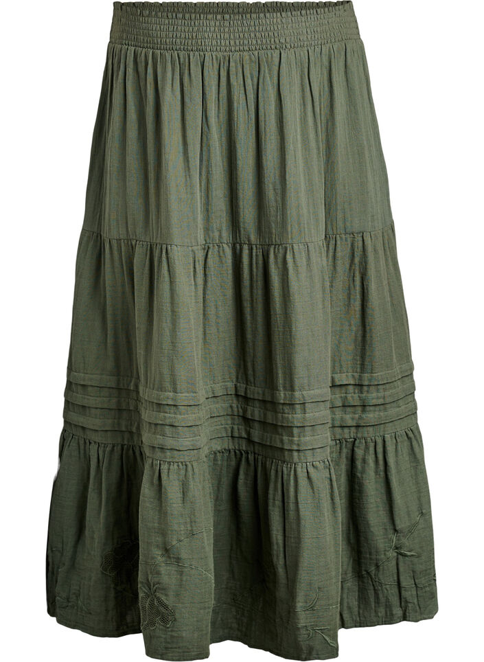 Langer Rock aus Baumwollmusselin mit aufgestickten Details, Thyme, Packshot image number 0