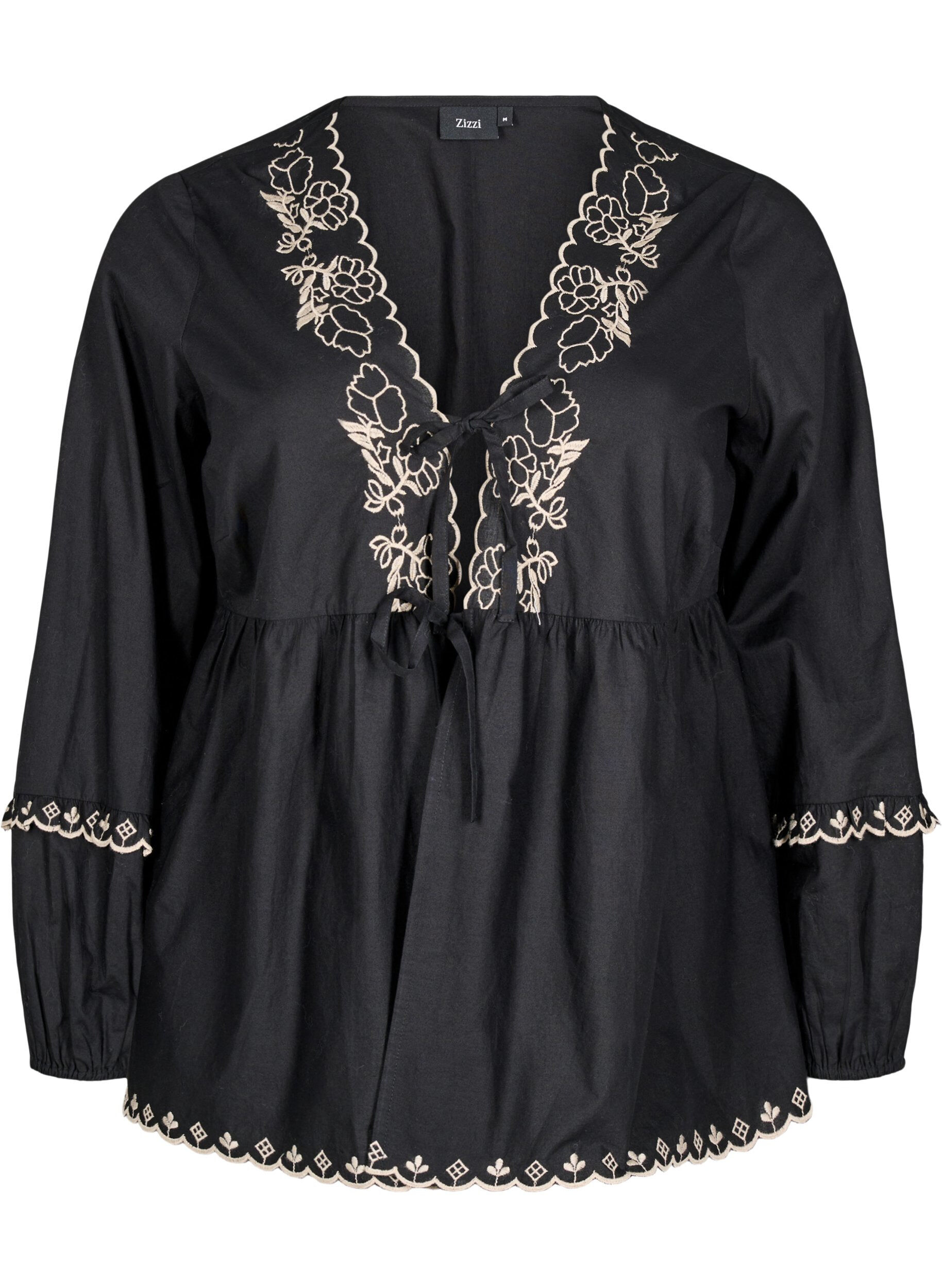 Zizzi Bluse mit offener Vorderseite und aufwendigen Stickereien, Schwarz, Packshot image number 0