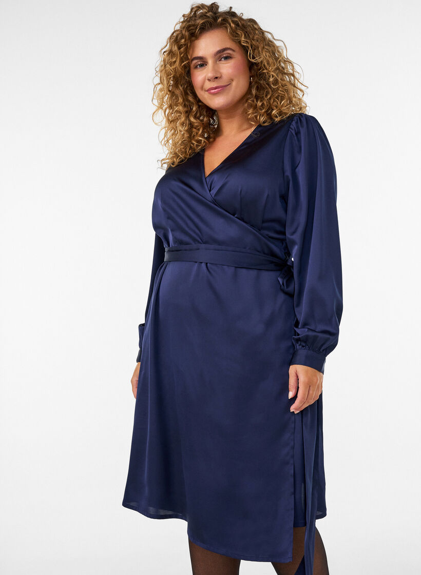 Kurzes Satinkleid im Wickeldesign, Blau, Model image number 0