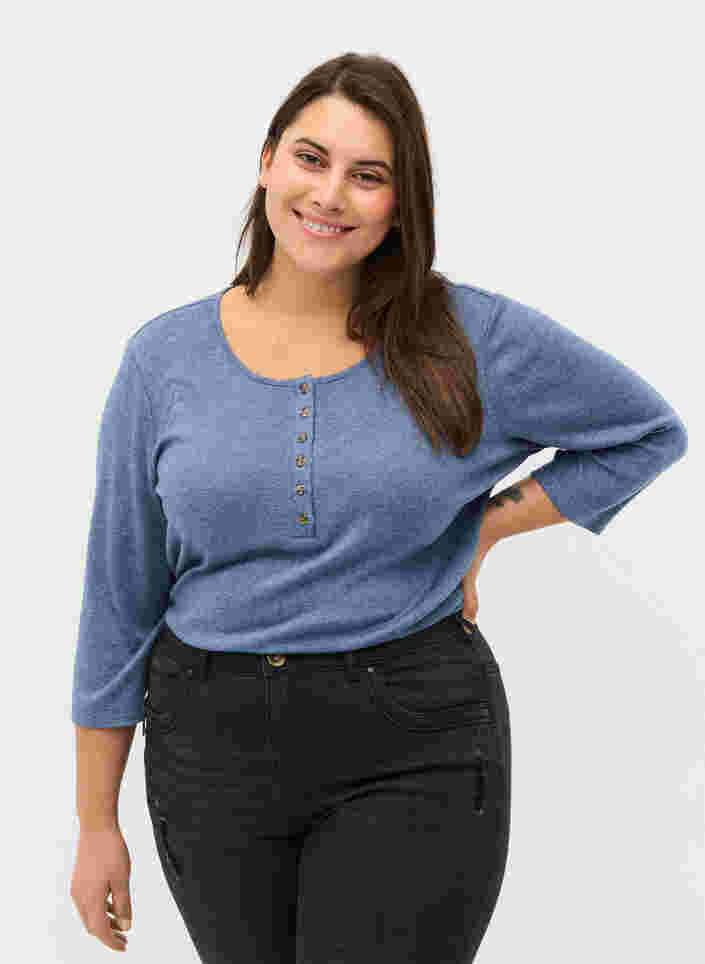 Einfarbige Bluse mit Knöpfen und 3/4-Ärmel, Blue Melange, Model