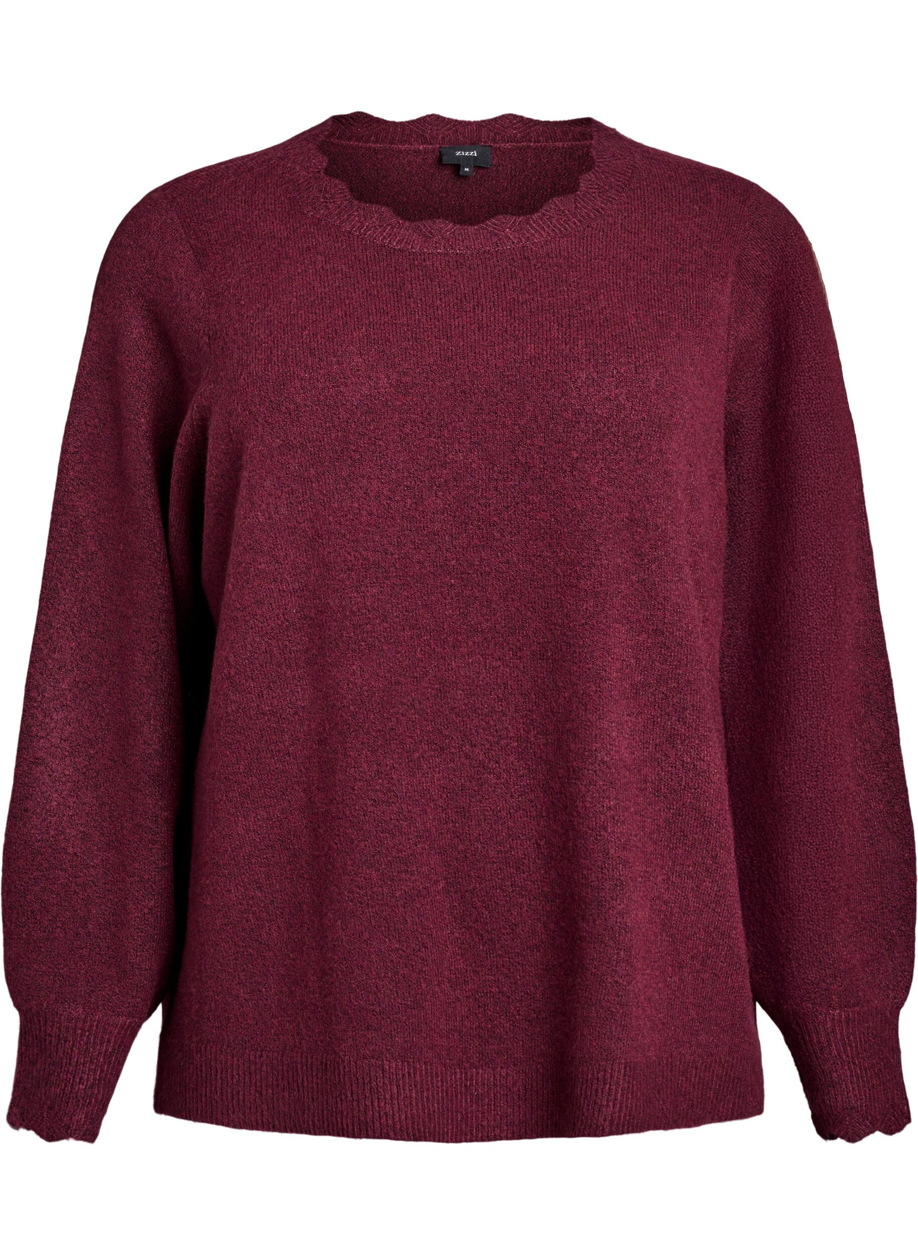 Zizzi Strickbluse mit Wellenkante, Dunkles Bordeaux, Packshot image number 0