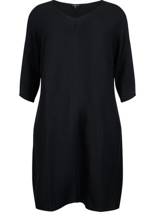 Geripptes Kleid mit 3/4 Ärmeln, Black, Packshot image number 0