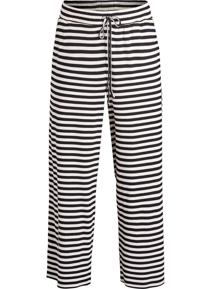 Gestreifte Schlafanzughose mit hoher Taille und weiten Beinen, Schwarz, Packshot image number 0