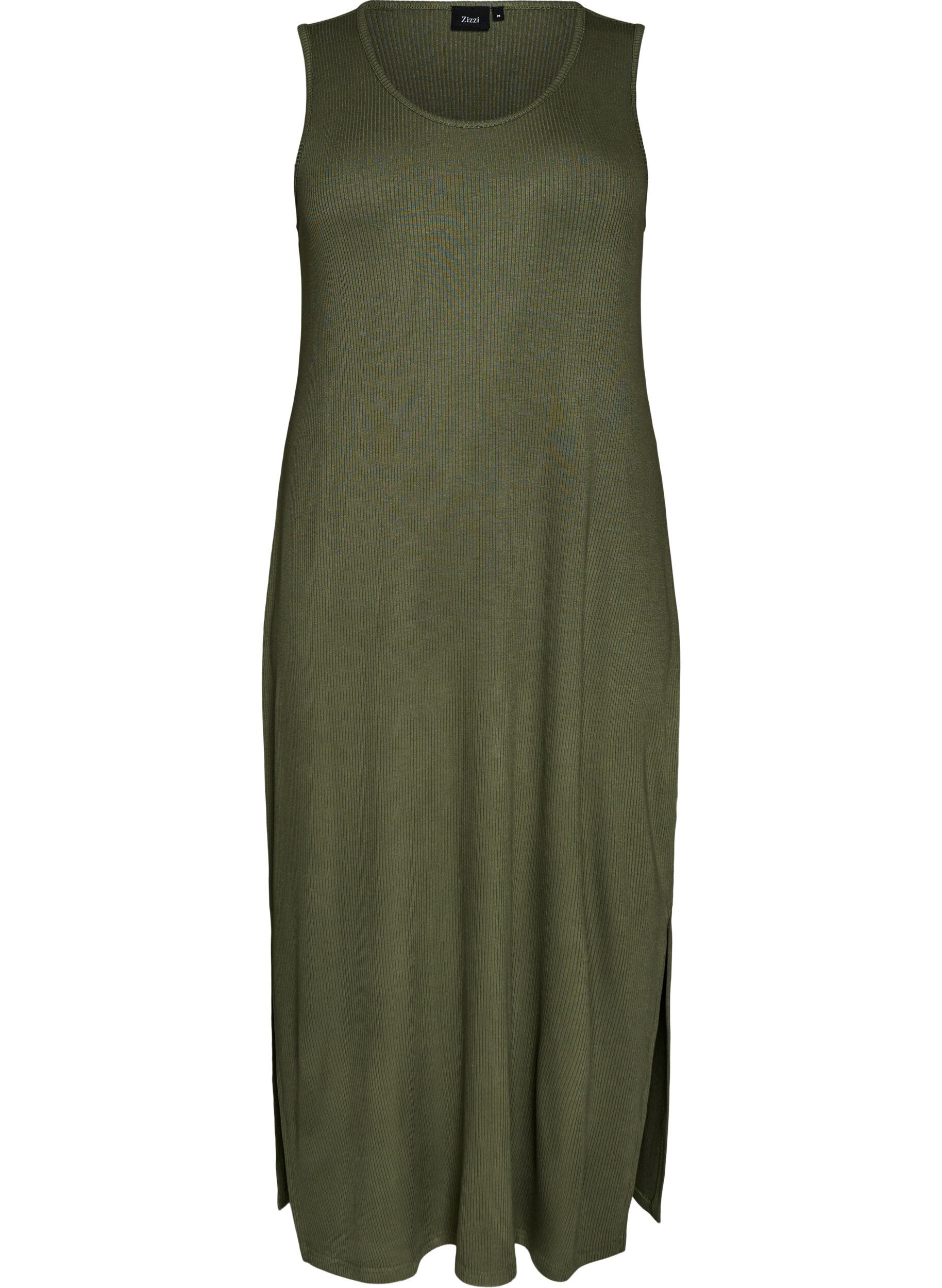 Zizzi &Auml;rmelloses geripptes Kleid aus Viskose, Gr&uuml;n, Packshot image number 0